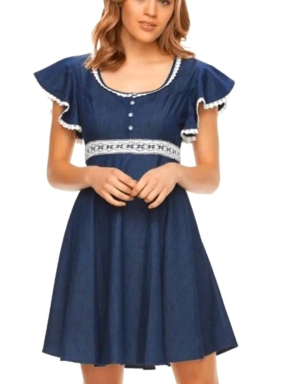 Beauty And The Beast XL Cute Denim  Short Flutter Sleeve Dress with White Trim